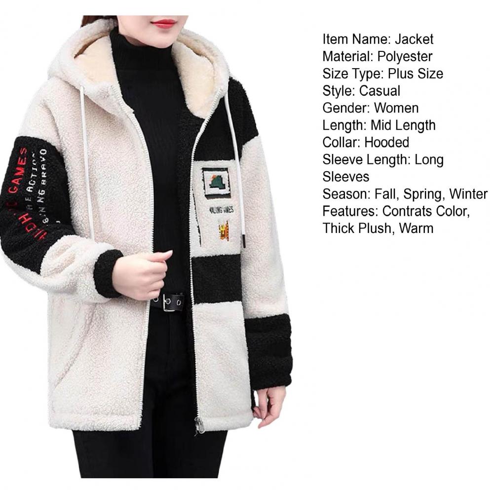 Zipper Closure Lady Coat Women Lightweight Jacket Cozy Hooded Colorblock Jacket Plush Embroidered Stylish Winter Coat for Women