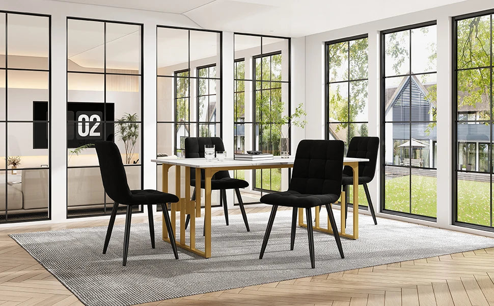 VSOGA Dining Group, 5-tlg, dining table and 4 chairs, 140x80 cm, Golden Metal legs, White MDF Desktop, Black Velvet chairs