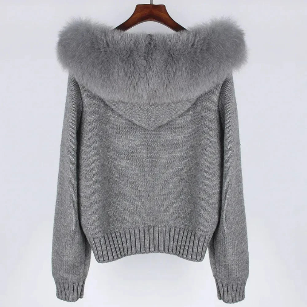 2024 Fashion Autumn Winter Casual Hooded Real Fox Fur Collar Fashion Short Knitted Jacket with Natural Fur Coat for Women