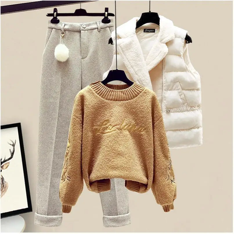 Thickened Cotton Jacket Vest Knitted Long Sleeved Sweater Pullover Woolen Pants Three Piece Elegant Women's Pants Set