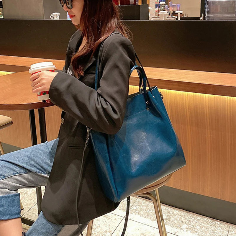 100% Genuine Leather Women Tote Bag Large Capacity High Quality Cowhide Women's Shoulder Bags Wrinkled Opening Fashion Handbag