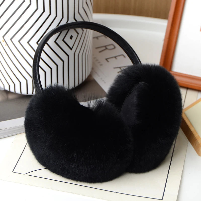 100% Natural Fur Ear Muffs for Women Winter Fur Headphones Soft Warm Cable Furry Real Rex Rabbit Ear Covers for Cold Weather