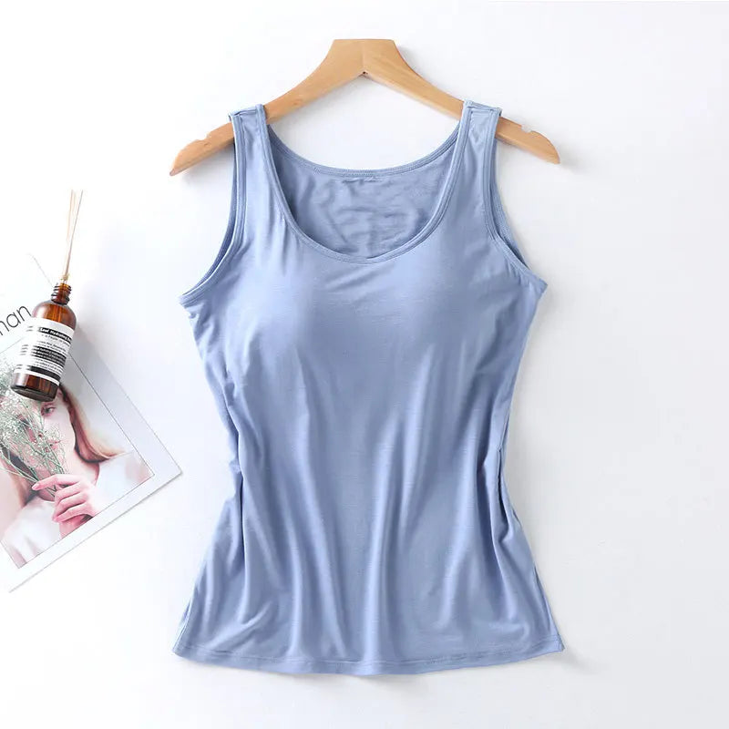 2024 Women's Vest Tops with Built In Bra Neck Vest Padded Slim Fit Tank Tops Sexy Shirts Feminino Casual