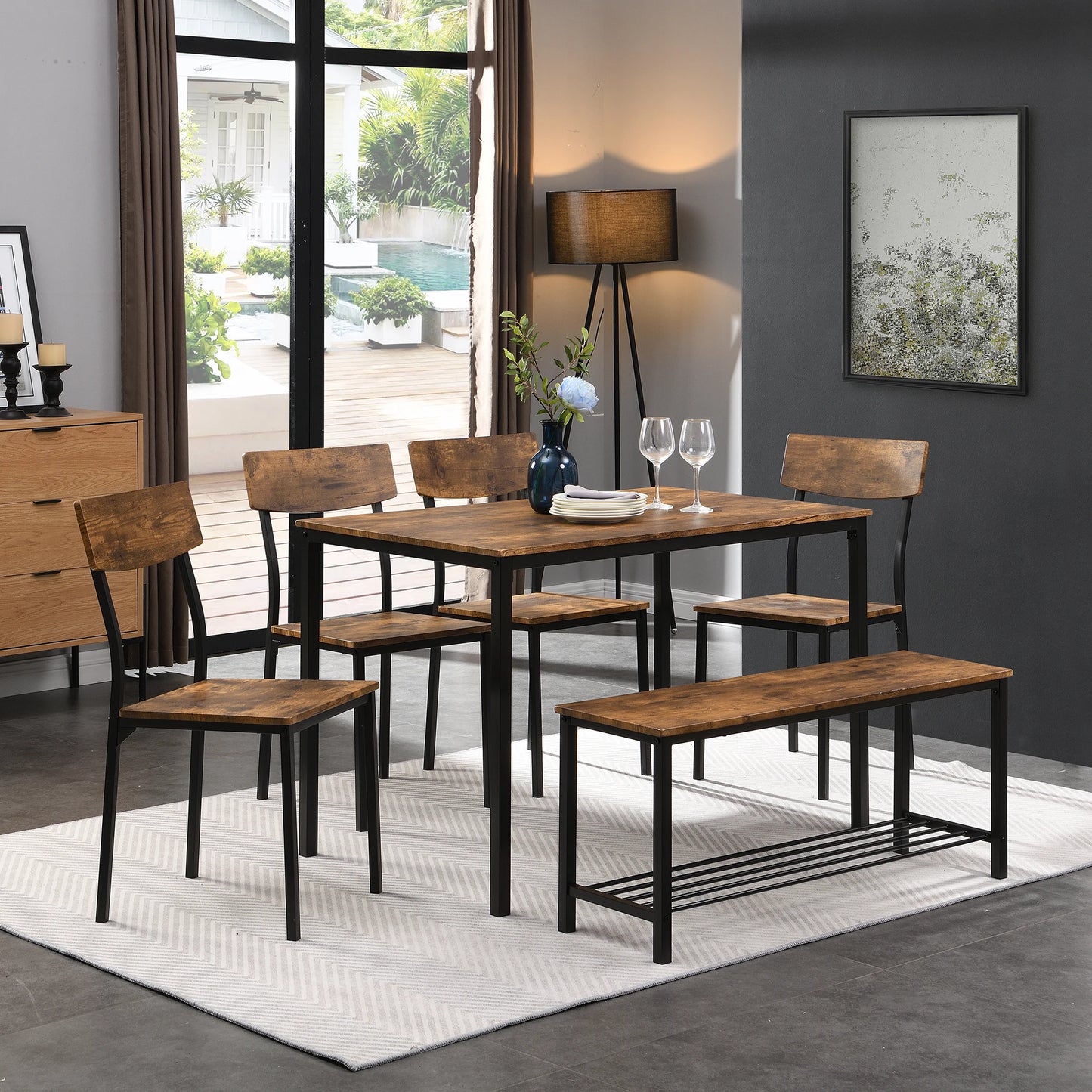 Dining table chair and bench set 6 Wood steel frame industrial style kitchen dining table set