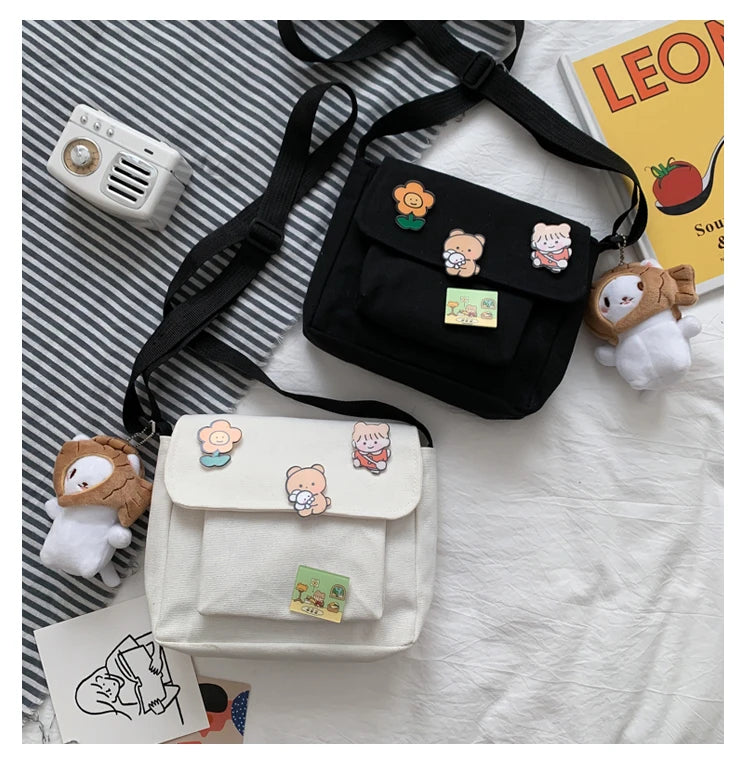 Crossbody Bags Women Canvas Flap-bag Kawaii Harajuku All-match Students Casual Female Handbags Korean Ulzzang Daily Chic Fashion