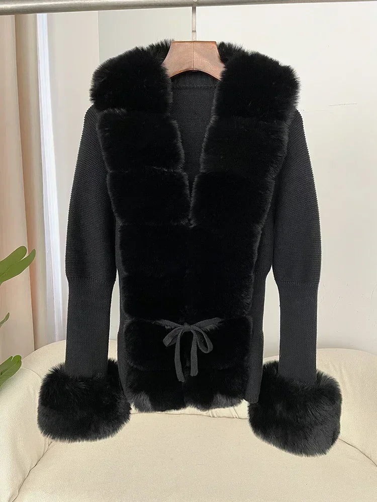 Fall Winter Women Faux Fur Coat Luxury Patchwork Knitted Sweater Bandage Fur Cardigan Detachable Collar Jackets Faux Fur Coats