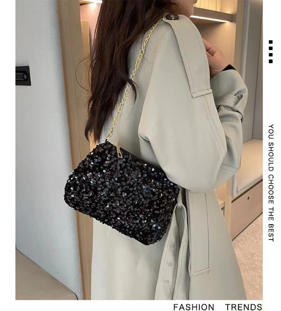 Sequins Crossbody Chain Bag Simple INS Solid Color Sequins Shoulder Bag Underarm Bag Phone Purse Evening Clutch Bags Handbag