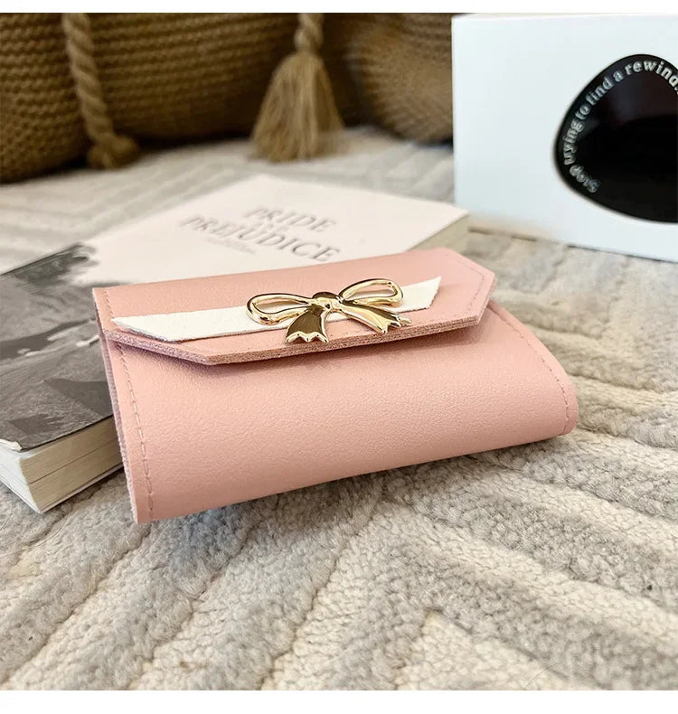 Women Wallet Foldable Portable Ladies Short Coin Purses Fashion Cute Bow Clutch Bag PU Leather Quality Female Card Holder Purse