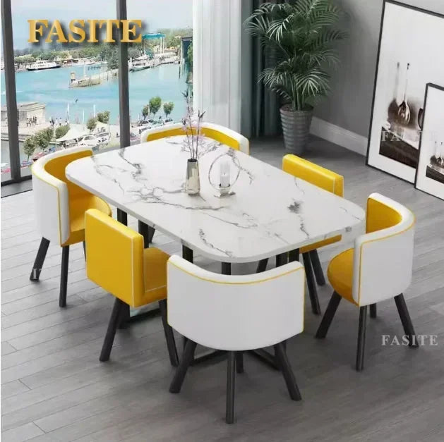 New 2024 Modern Marble Top White Classic Dining Table Living Room With 6 Chairs Set