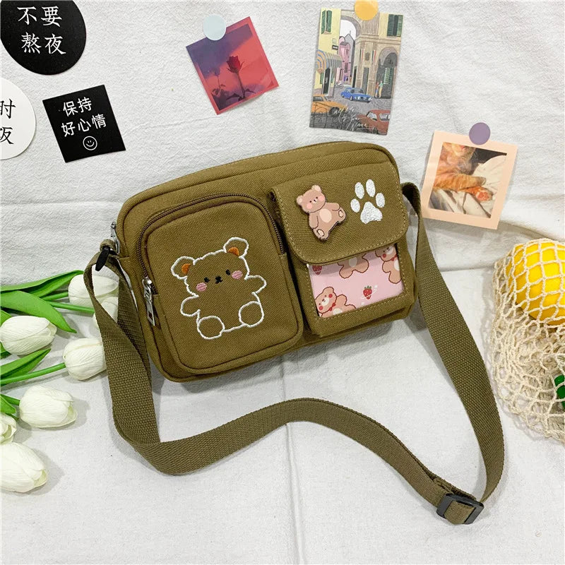 Canvas Small Bag Japanese ins Women Shoulder Bag Cute Funny Personality Embroidery Bear Girl Student Transparent Messenger Bag