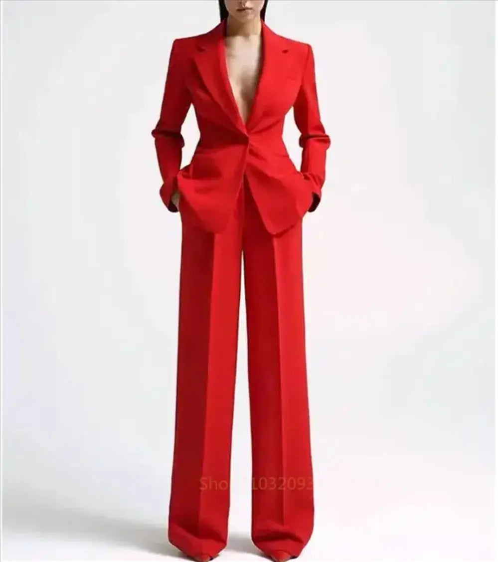 2024 Single Button Blazer+Wide Leg Pants Suit Sets For Women Solid V Neck Loose Casual Female Pantsuit conjunto femininos