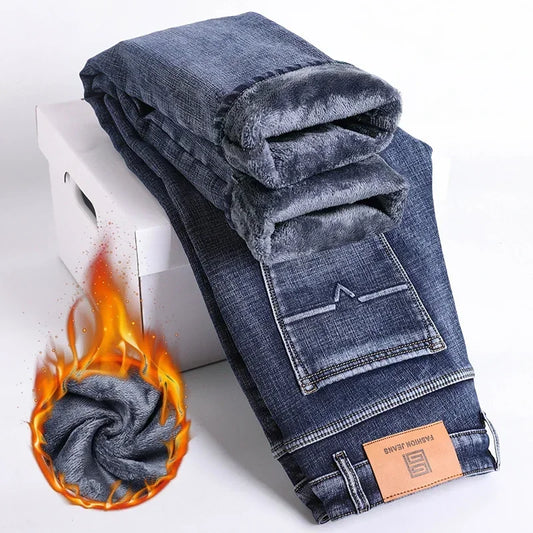 2024 Hiver Polaire Épais Chaud Jeans Hommes Slim Affaires Droit Élastique Denim Pantalon Décontracté Homme Vêtements Mode Peluche Pantalon