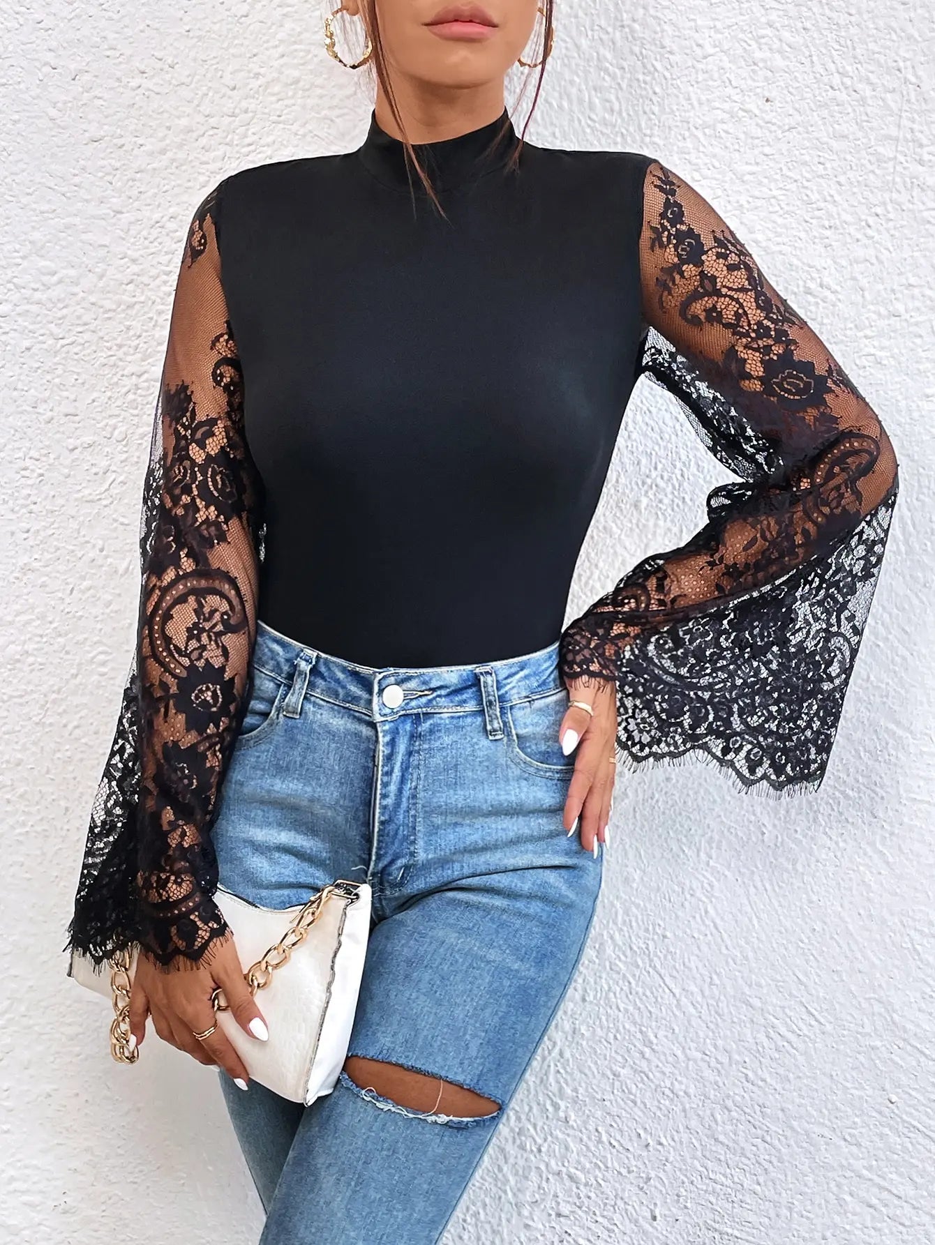 New Summer Cloths Women's Black Lace Patchwork Long Sleeved Flared Sleeve Round Neck Tight Sexy Jumpsuit Rompers