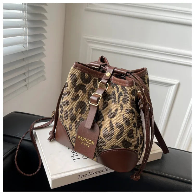 Leopard Small PU Leather Women Bucket Crossbody Bags 2024 Fall Designer Shoulder Bag Luxury Brand Ladies Handbag Lady Trend Tote