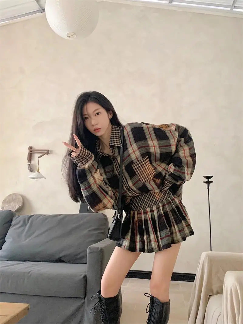 Onalippa Contrast Plaid Two Piece Sets Womens Outfits Turn Down Collar Casual Blouse Korean Chic Waist Belt Mini Pleated Skirts