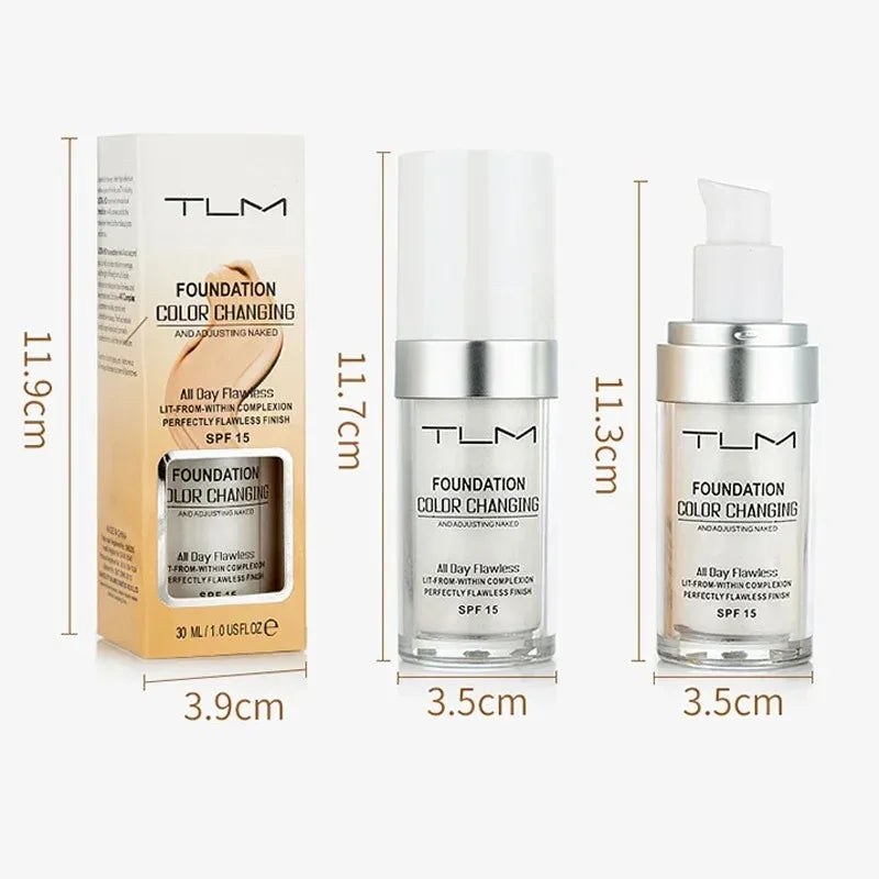 Fond de teint TLM 30 ml - Base de maquillage changeante de couleur - Visage nu - Couvrance totale - Anti-cernes mat - Maquillage longue durée - Fond de teint liquide - Crème