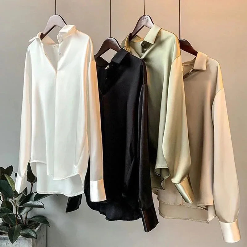 Women Autumn Shirt Vintage Satin Blouse Long Sleeve Button Down Silky Shirt Work Office Top Ladies Casual Shirt