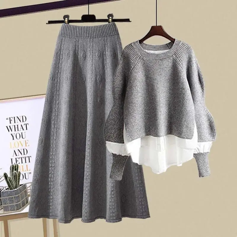 Autumn and Winter Set for Women 2024 New Slimming Fake Two-piece Knitted Sweater Age Reducing Half Skirt Two-piece Set