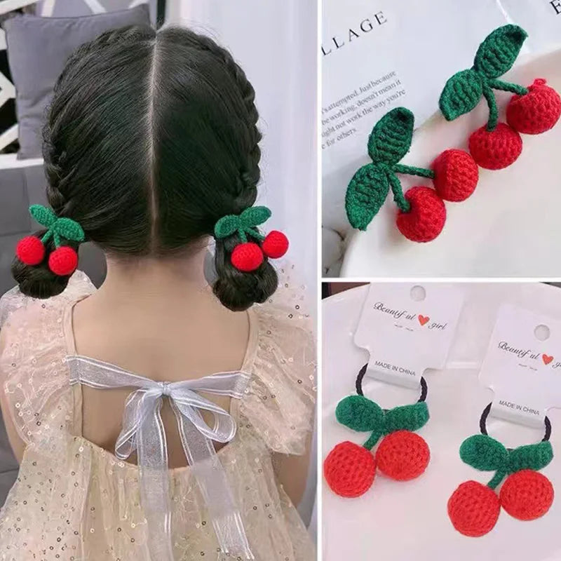 1pc Cute Red Cherry Wool Knitted Hair Clip Sweet Hair Crocheted Tie Hair Accessories Baby Princess Headdress