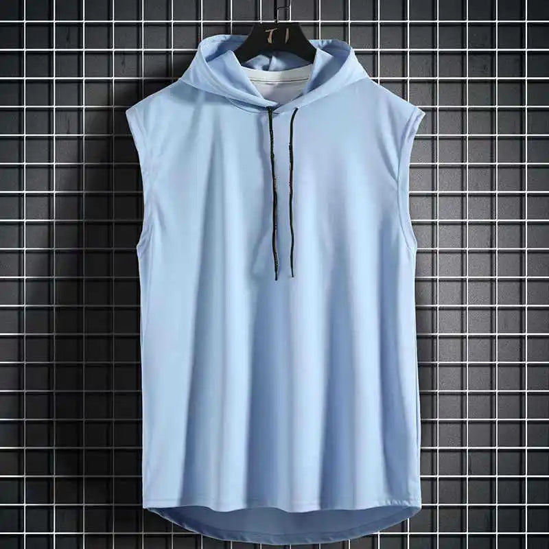 Men Tie Collar Hooded Sleeveless Vests Male Summer Loose Solid Hip Hop Tee Shirt Tops AYH-01