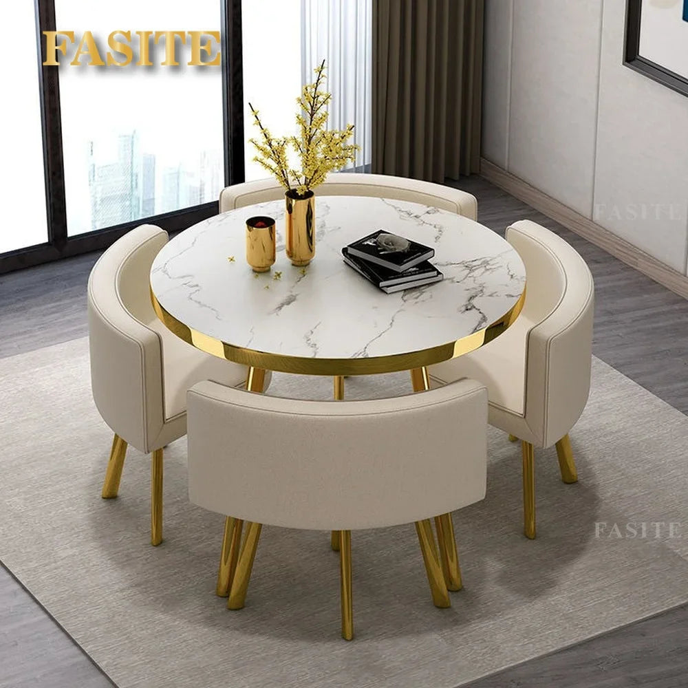 Marble Round 80cm Dining Tables Set 4 Chairs Modern Center Wood Table Luxury White Apartment Furniture