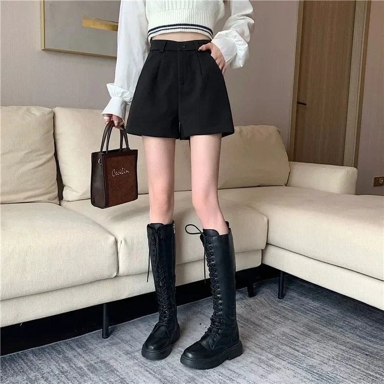 Black Woolen Shorts Women's Autumn/winter Outerwear Petite High-waisted Bell Bottoms 2023 New Slimming Base Boot Pants