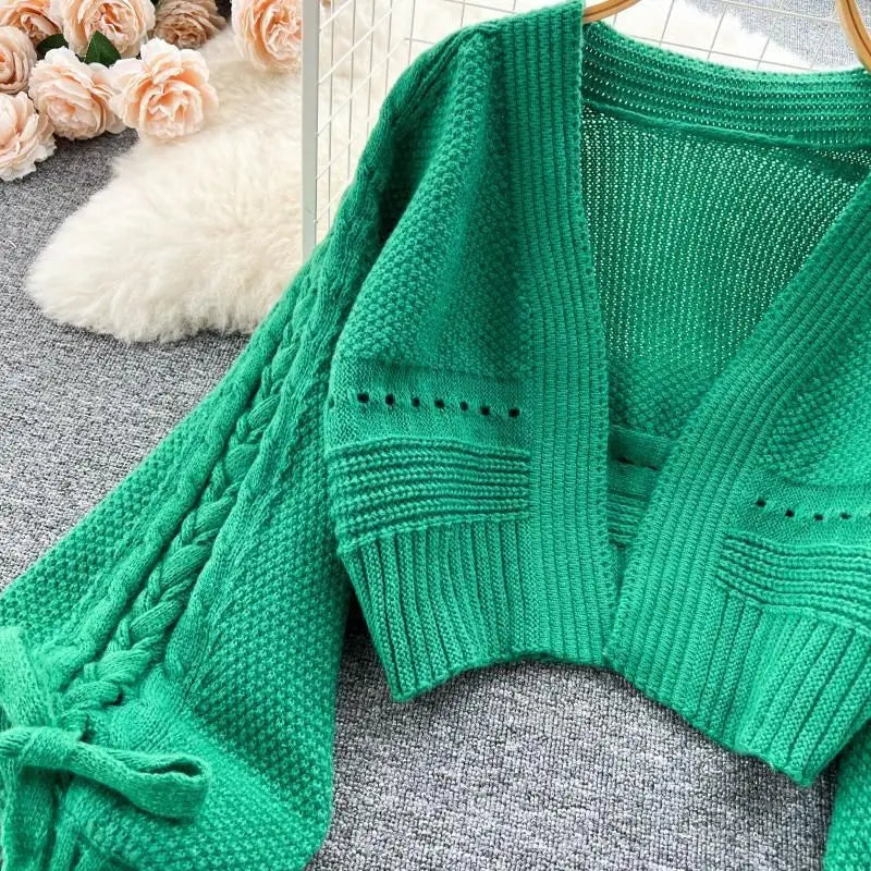 Green Casual Acrylic Knit V-Neck Lantern Long Sleeve Lace Up Women's Cardigan Sweater Short Cardigan For Women Clothing 2024