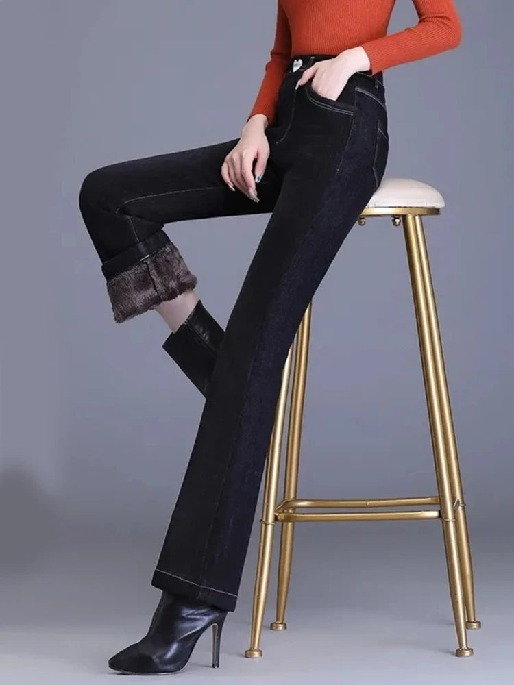 Winter Plush Velvet Lined Flare Denim Pants Skinny Casual Warm Thicken High Waist Women Jeans Snow Wear New Stretch Vaqueros