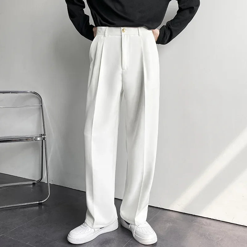 Spring Autumn Korean Style Men's Straight-leg Suit Pants Loose Fit Casual White Wide-leg Trousers Dragging Pants