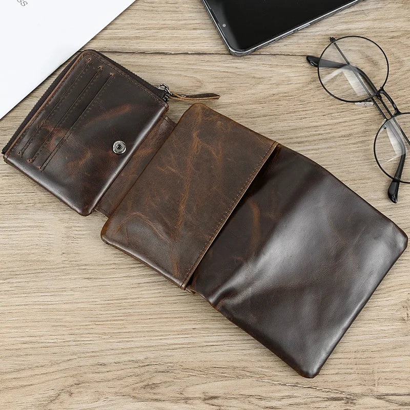 Leather Men‘s Short Wallet Hasp Genuine Leather Unisex Zipper Coin Clutch Purse Cowhide Card Holder Trifold Man wallets