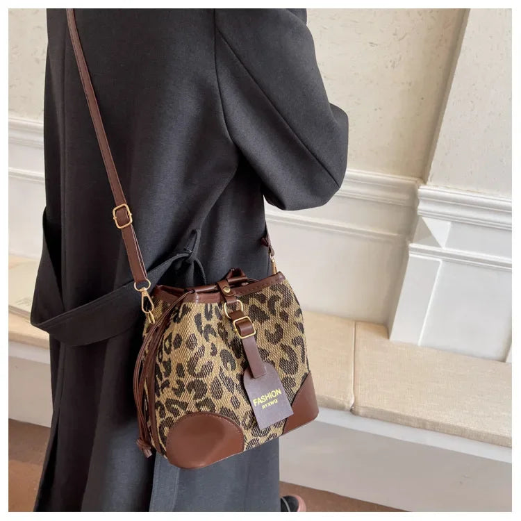 Leopard Small PU Leather Women Bucket Crossbody Bags 2024 Fall Designer Shoulder Bag Luxury Brand Ladies Handbag Lady Trend Tote