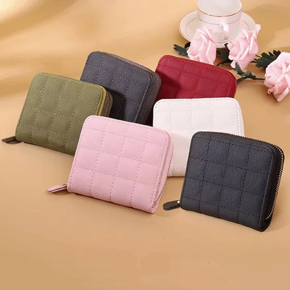 Leisure Flodable Short Wallets Coin Card Holder Women‘s PU Leather Plaid Zipper Coin Money Purses ID Credit Card Holder Wallet