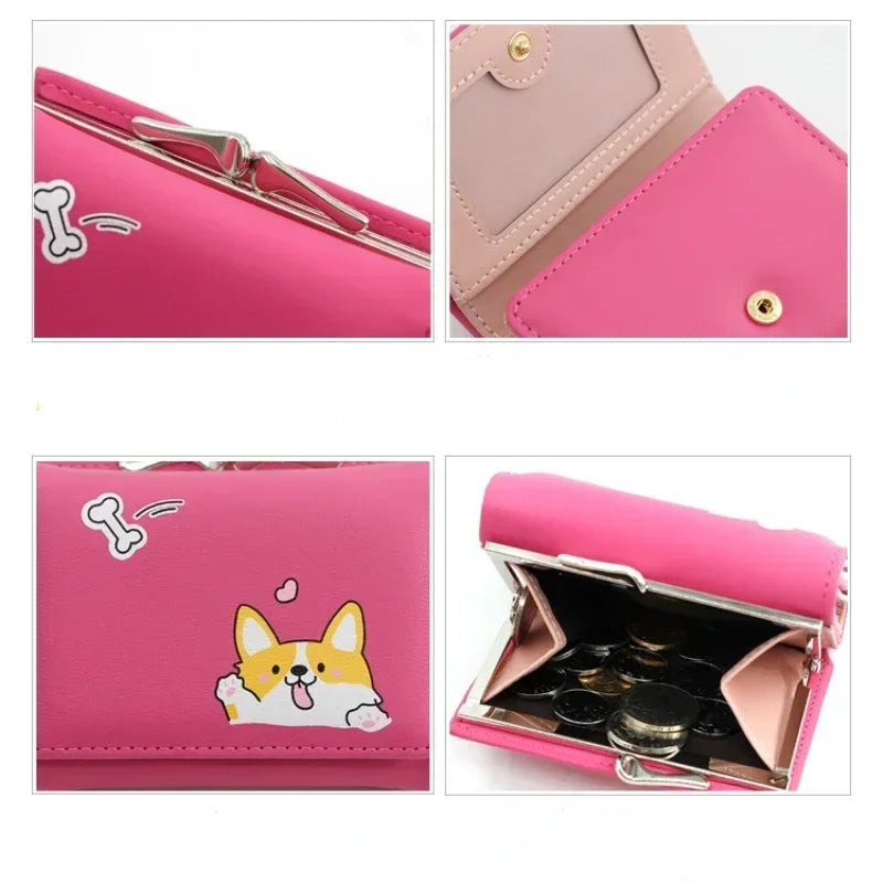 Korean Style Cartoon Women Wallet Small Cute Corgi Doge Wallets Ladies Short Leather Purses Female Purse Clutch