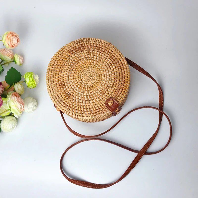 Rattan Woven Women'S Shoulder Bag Round Straw Beach Bags Female Bohemian Handbag Luxury Designer Handmade Crossbody Bag Bali Box