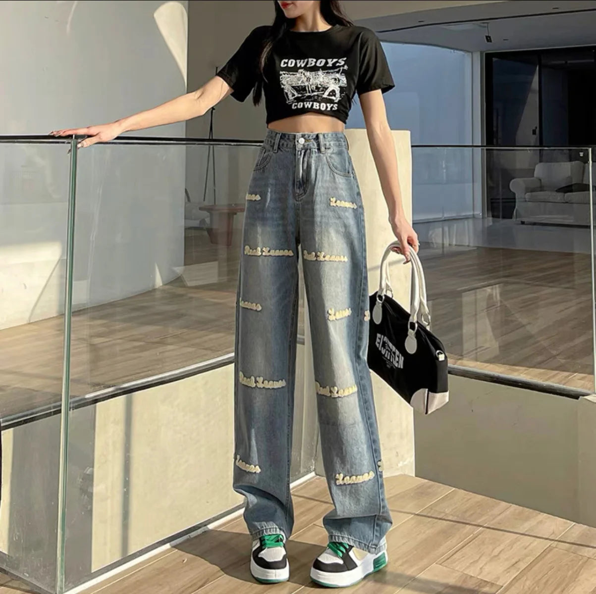 Loose Embroidered High-waist Women Jeans Spring Season Design Letter Straight Crotch Pants Slim Fit Dragging Long Pants