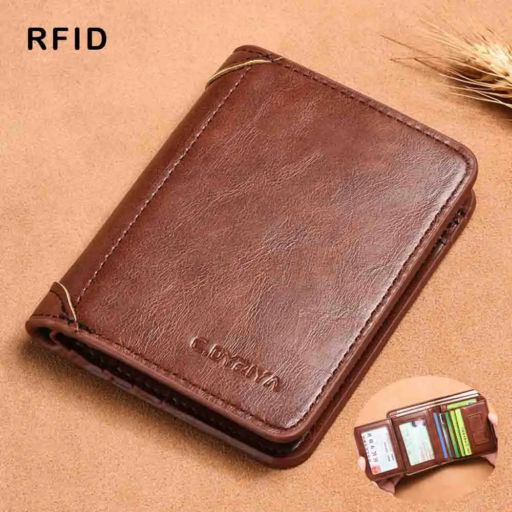 RFID Men Wallet Genuine Leather Blocking Trifold Wallet Vintage Thin Short Multi Function ID Credit Card Holder Male Purse Money