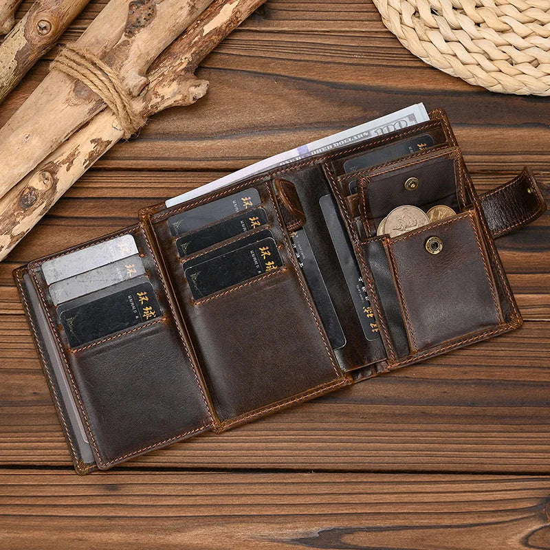 High Quality Genuine Leather Card Wallet Men Women RFID Genuine Leather Short Wallet Multi Cards Slots Button Man Purse