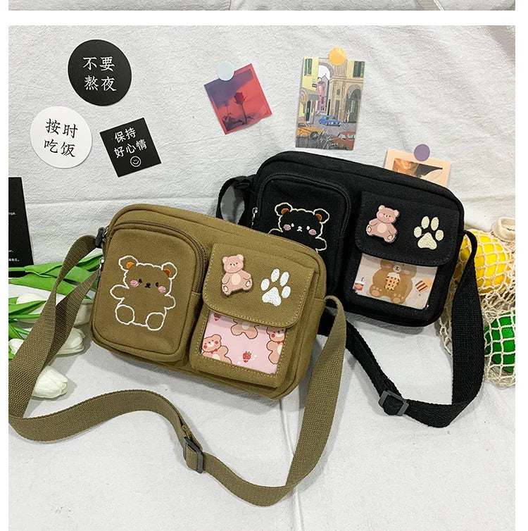 Canvas Small Bag Japanese ins Women Shoulder Bag Cute Funny Personality Embroidery Bear Girl Student Transparent Messenger Bag