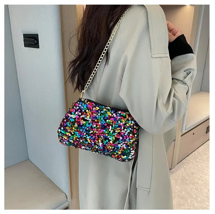 Sequins Crossbody Chain Bag Simple INS Solid Color Sequins Shoulder Bag Underarm Bag Phone Purse Evening Clutch Bags Handbag