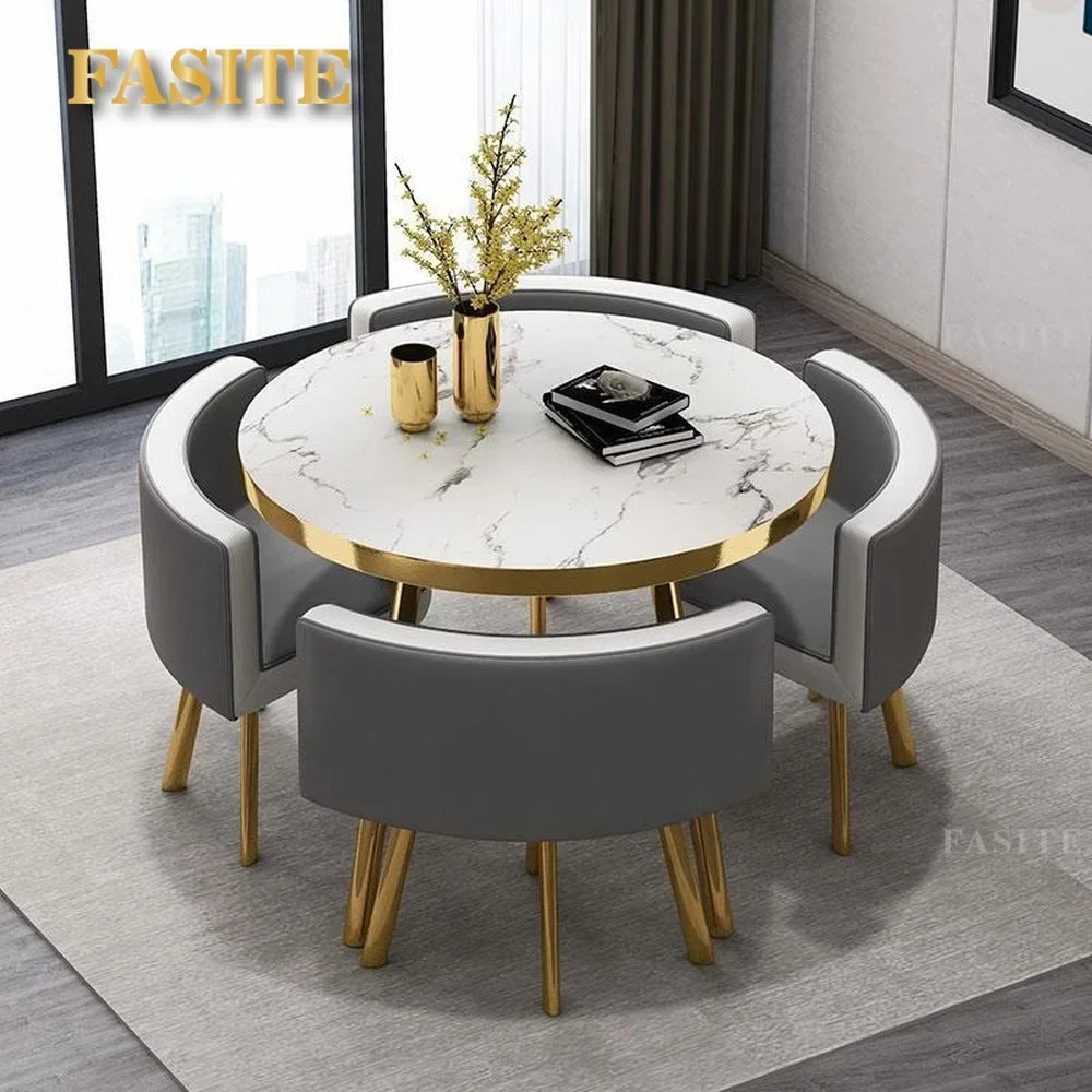 Marble Round 80cm Dining Tables Set 4 Chairs Modern Center Wood Table Luxury White Apartment Furniture