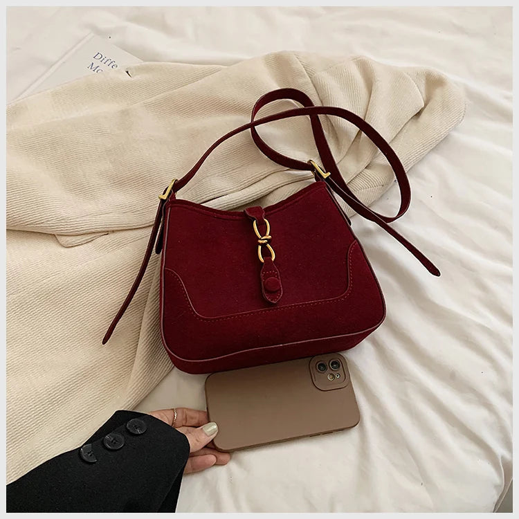 Winter Trendy Frosted PU Leather Shoulder Bag for Women Quiet Luxury Burgundy Bag Lady Solid Color Crossbody Bags Suede Purse