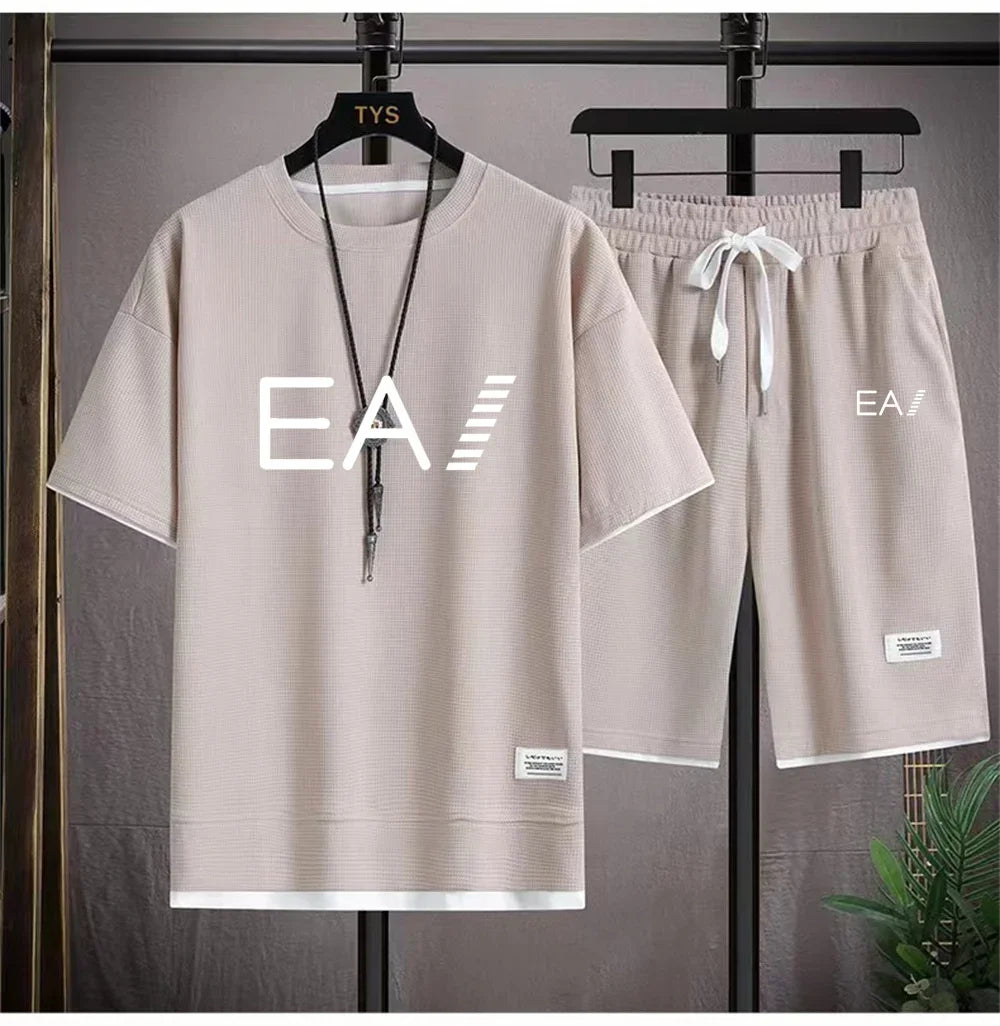 Men's summer new round necked short sleeved and shorts two-piece set with the letters EA1 printed, fashionable and casual set