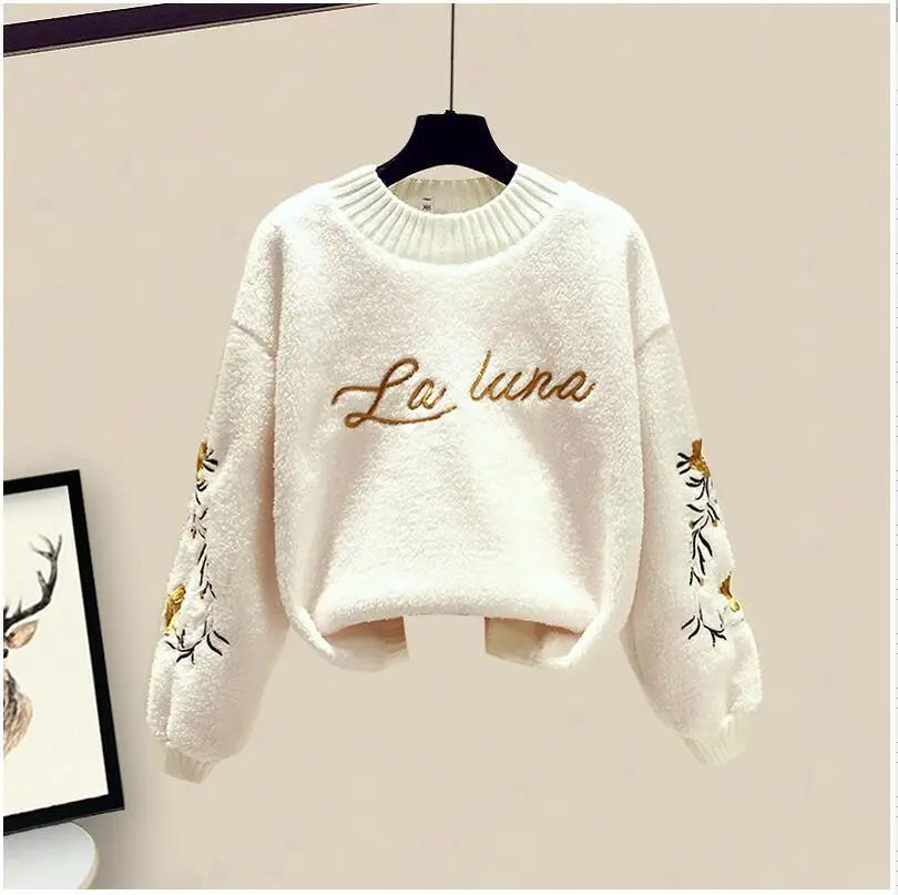 Thickened Cotton Jacket Vest Knitted Long Sleeved Sweater Pullover Woolen Pants Three Piece Elegant Women's Pants Set