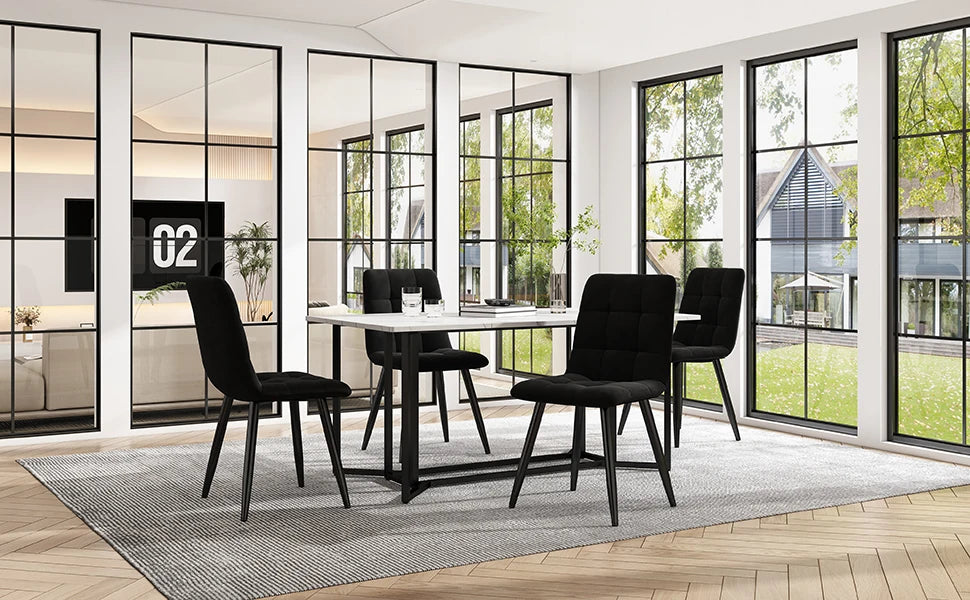 VSOGA Dining Group, 5-tlg, dining table and 4 chairs, 140x80 cm Black Metal legs, White MDF Desktop Black Velvet chairs