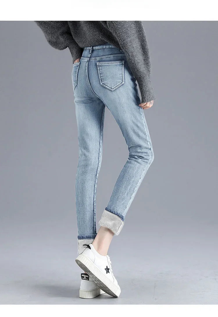 Fleece-lined Thickened High-waisted Women's Jeans Slimming Autumn/winter Versatile Thickened Denim Pants