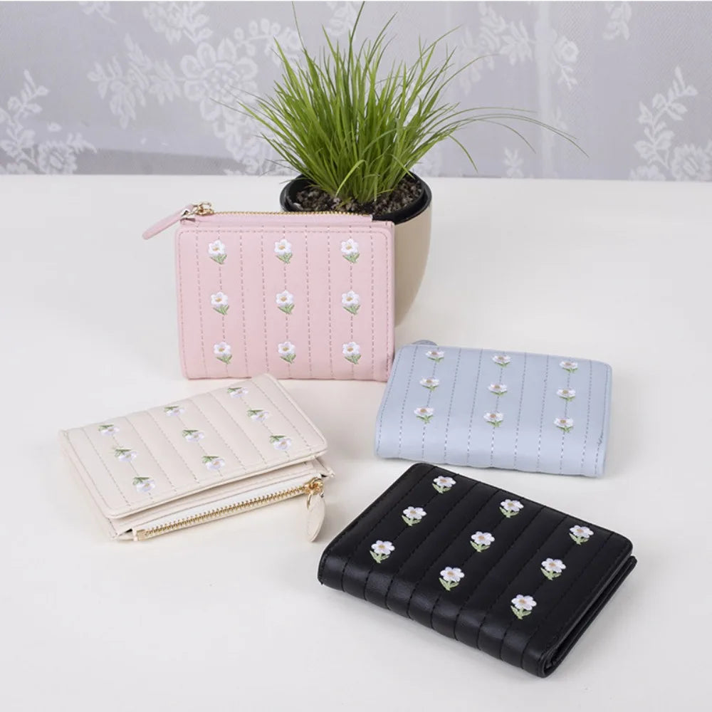 PU Leather Short Wallet New Mini Zipper Money Bag Solid Color Flower Card Holders Girl