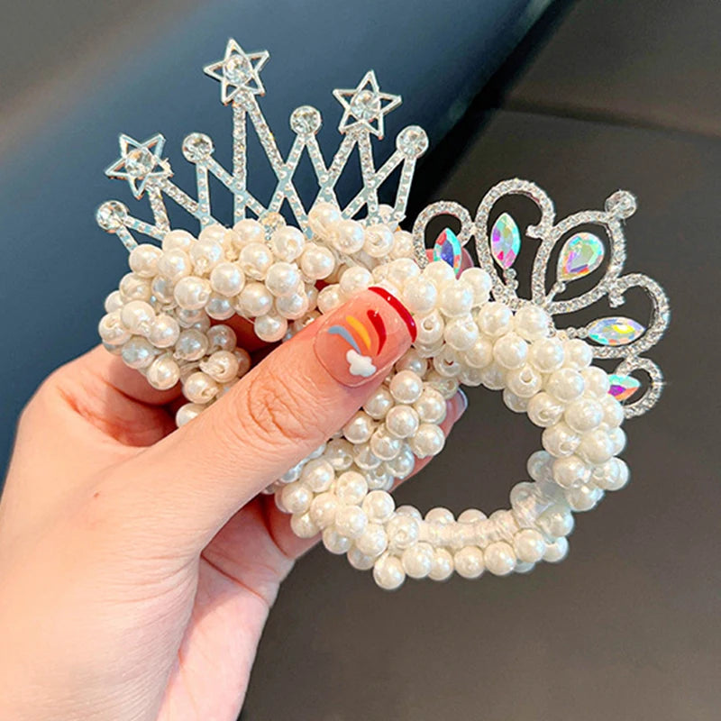 2PC Fashion Pearl Crown Princess Hair Bands Elastic Rubber Bands Children Ball Hair Bun Ties Hair Styling Accessories