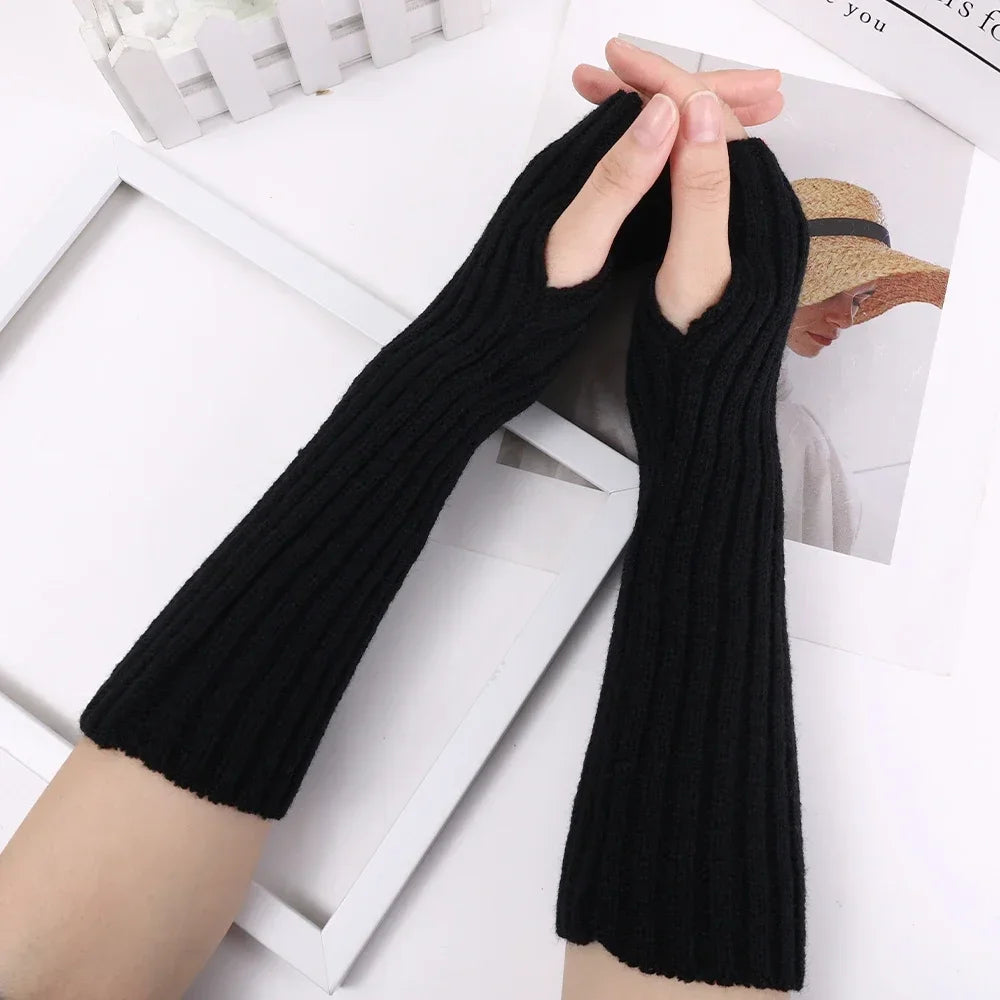 Women Knitted Arm Warmer Long Fingerless Gloves Mitten Winter Y2K Solid Arm Sleeve Fashion Casual Soft Girls Clothes Punk Gloves