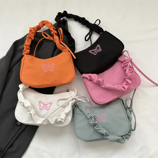 Embroidery Bowknot Butterfly Shoulder Bag Y2k-Style Ruffle Handle Nylon Bow Tote Bag Makeup Lipstick Bag Handbag New