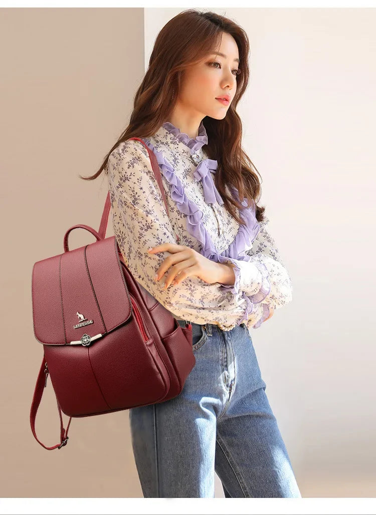 2024 New Fashion Retro Panel Commuter School Bag Women's Backpack PU Soft Leather Casual Lightweight One Shoulder Travel Bag